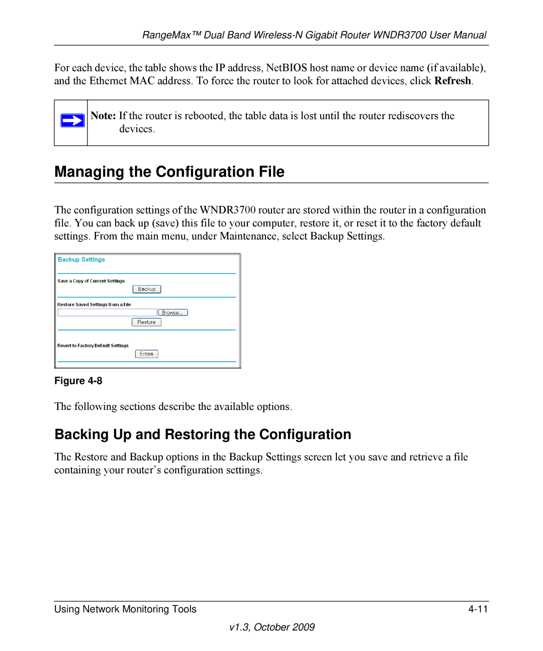 NETGEAR WNDR3700-100NAS user manual Managing the Configuration File, Backing Up and Restoring the Configuration 