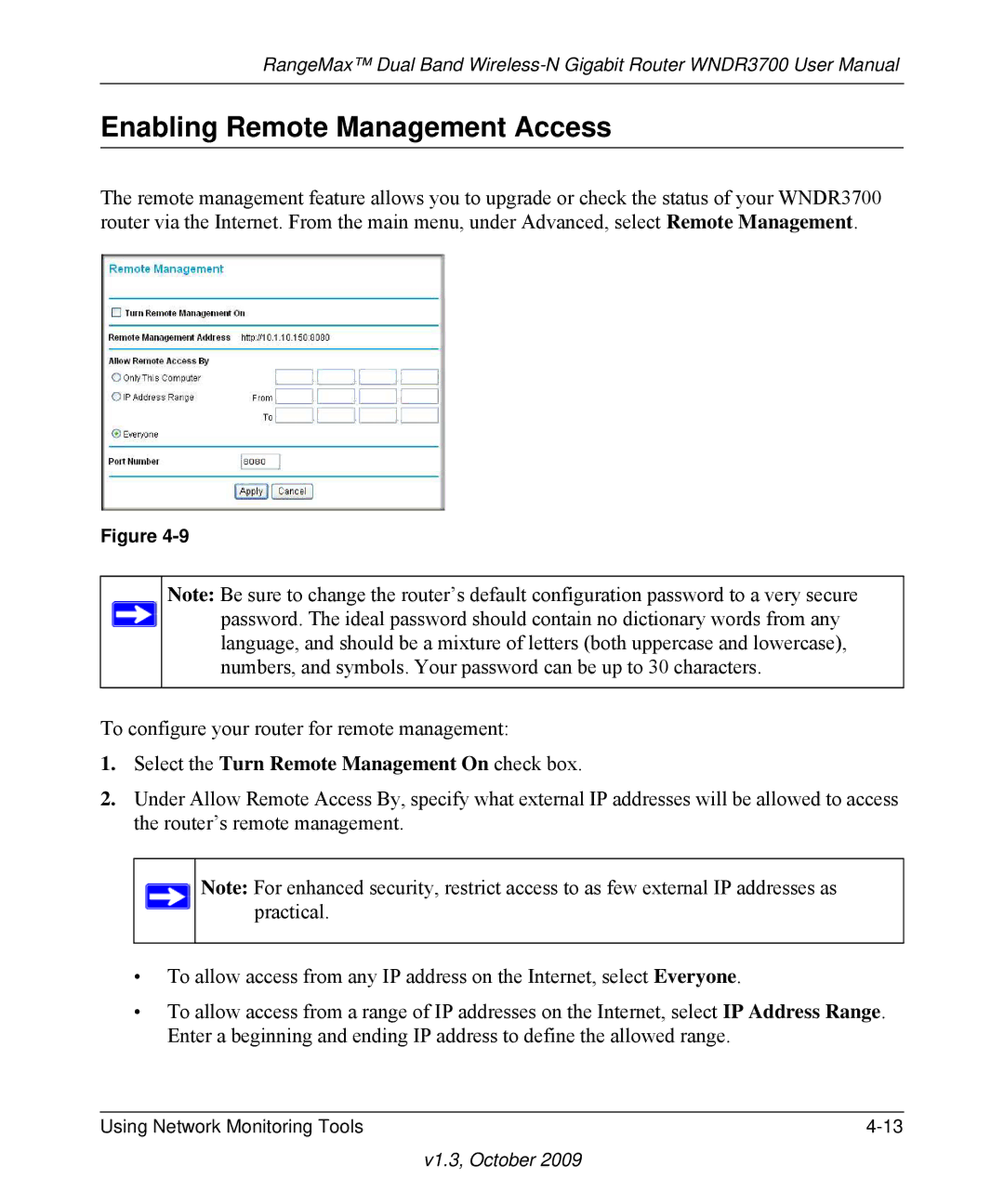 NETGEAR WNDR3700-100NAS user manual Enabling Remote Management Access, Select the Turn Remote Management On check box 