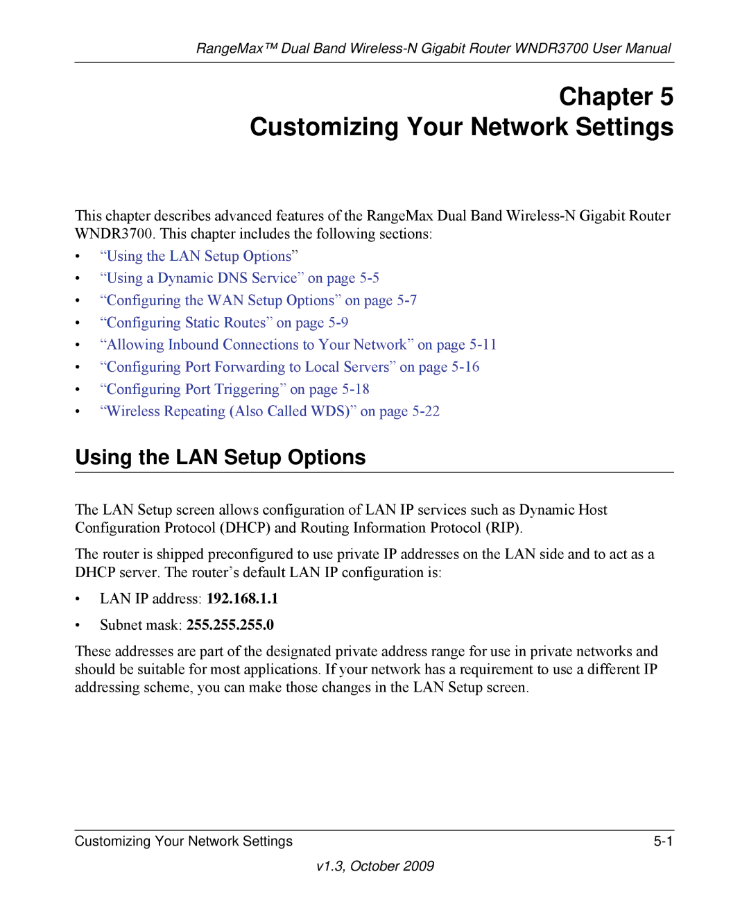 NETGEAR WNDR3700-100NAS user manual Chapter Customizing Your Network Settings, Using the LAN Setup Options 