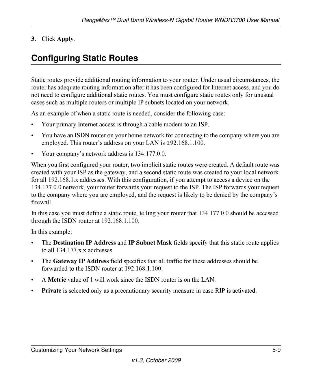 NETGEAR WNDR3700-100NAS user manual Configuring Static Routes 