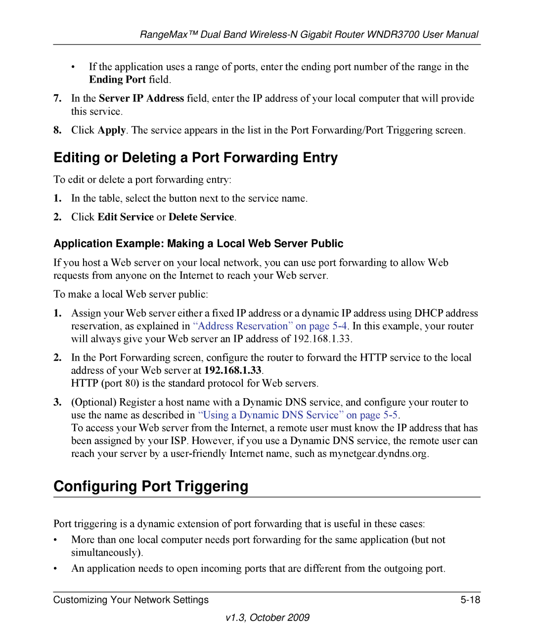 NETGEAR WNDR3700-100NAS user manual Configuring Port Triggering, Editing or Deleting a Port Forwarding Entry 