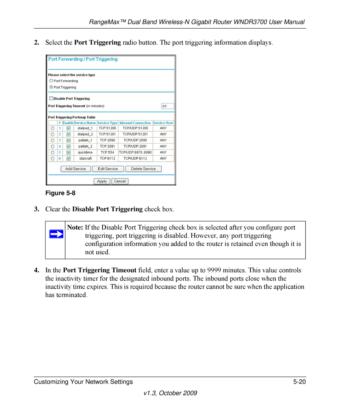 NETGEAR WNDR3700-100NAS user manual Clear the Disable Port Triggering check box 