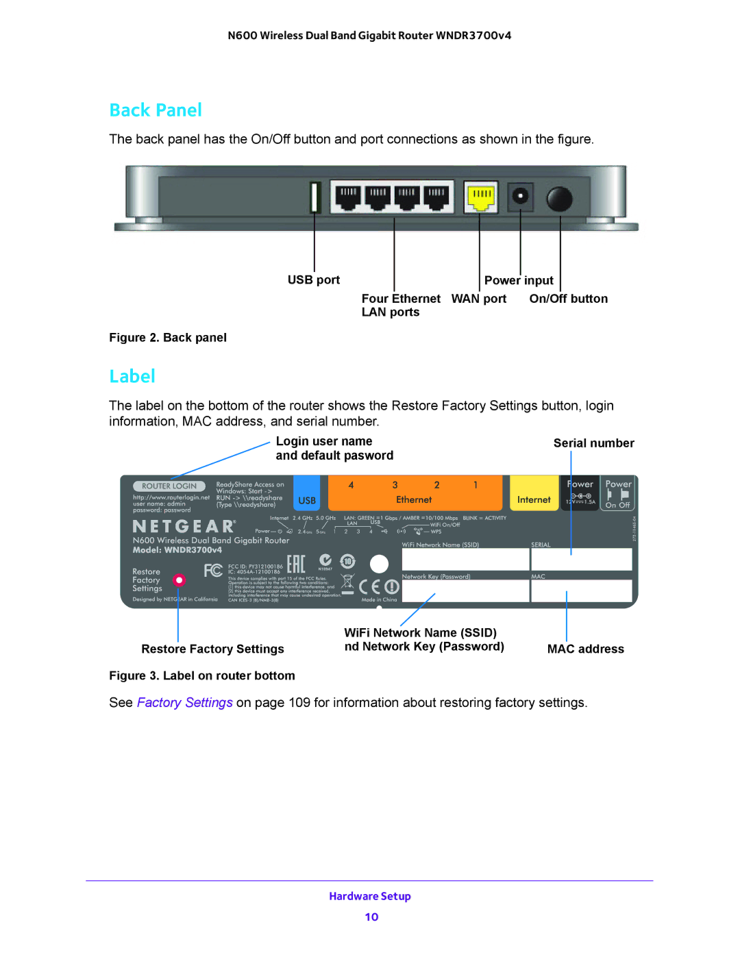 NETGEAR WNDR3700 user manual Back Panel, Label 