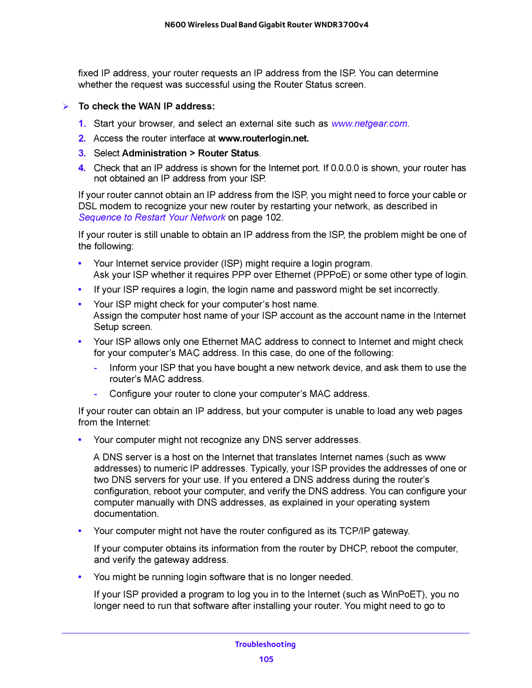 NETGEAR WNDR3700 user manual Troubleshooting 105 