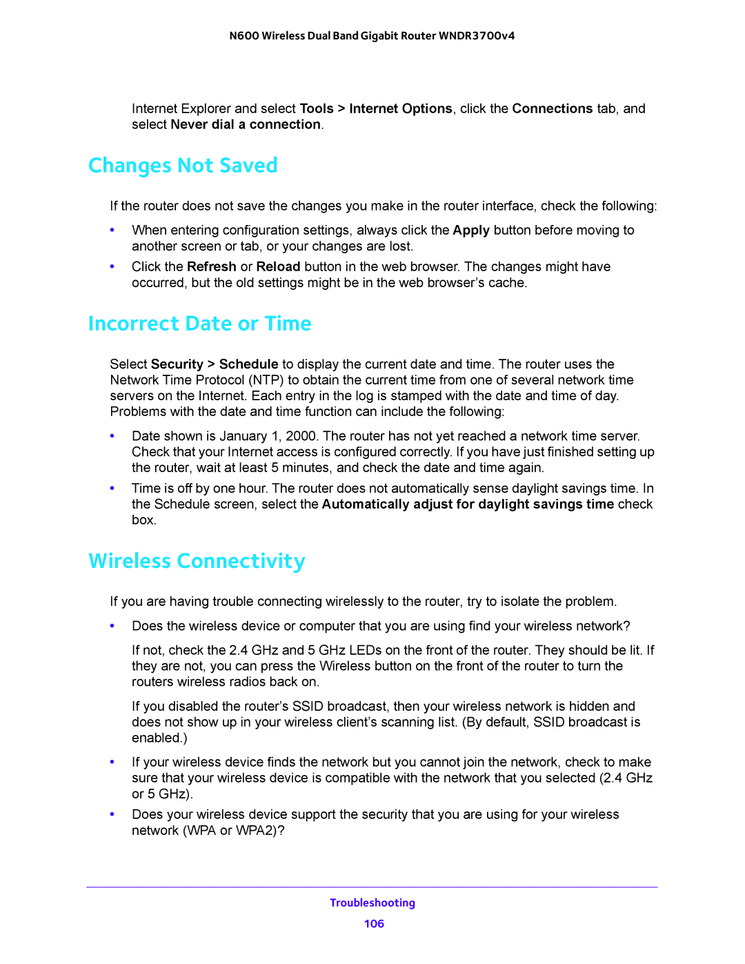 NETGEAR WNDR3700 user manual Changes Not Saved, Incorrect Date or Time, Wireless Connectivity 