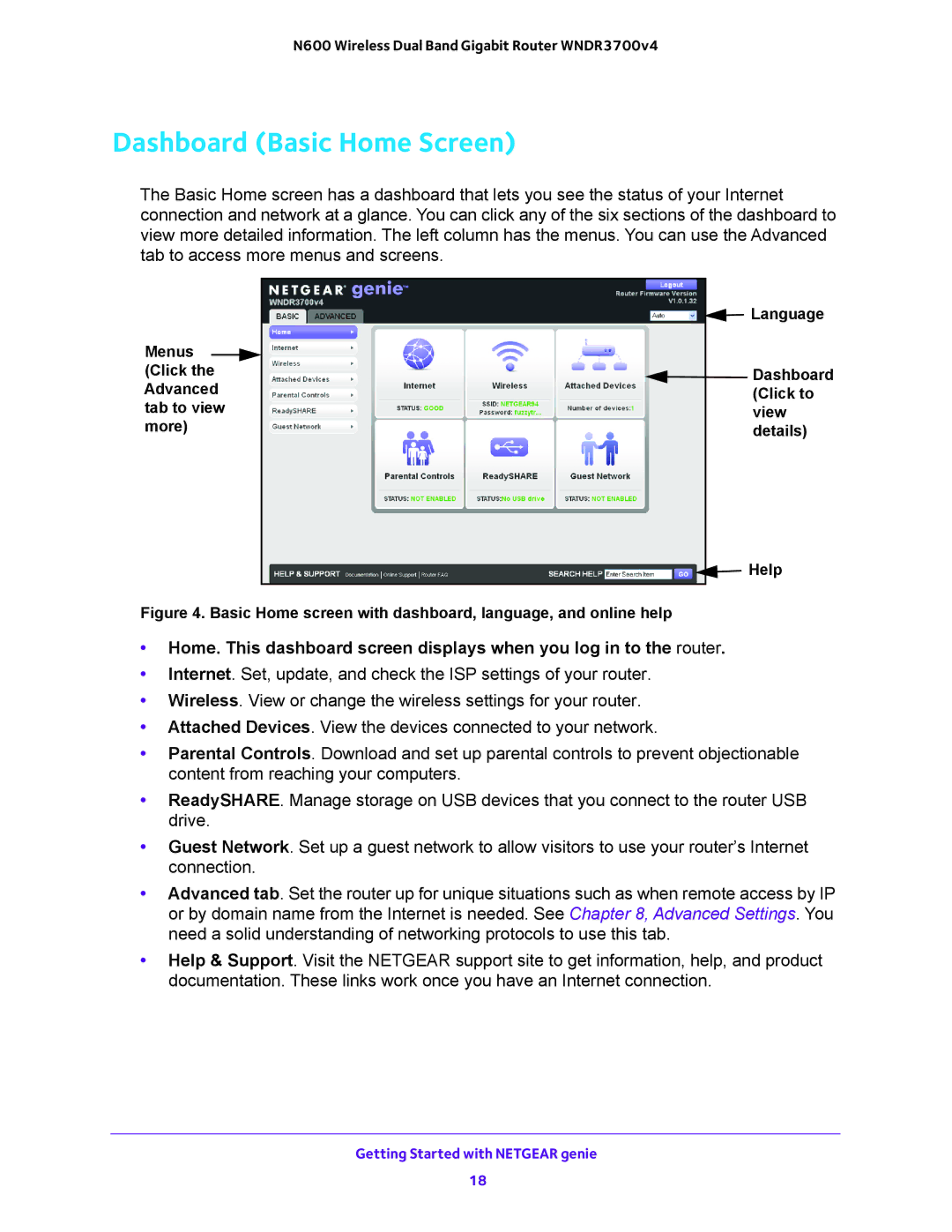 NETGEAR WNDR3700 user manual Dashboard Basic Home Screen, Basic Home screen with dashboard, language, and online help 