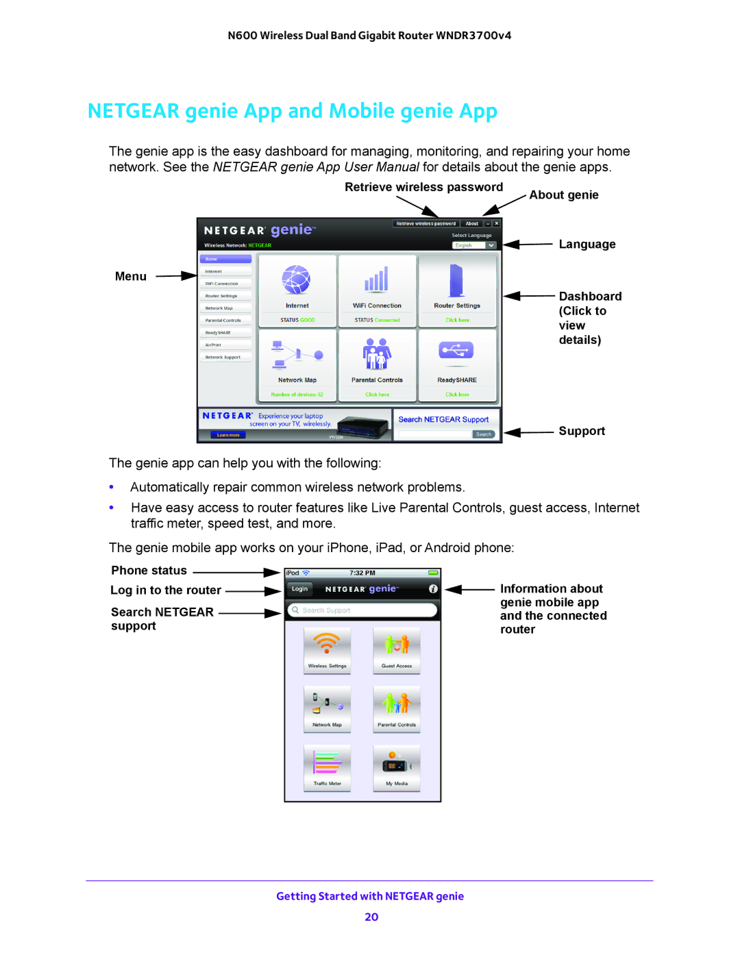 NETGEAR WNDR3700 user manual Netgear genie App and Mobile genie App 