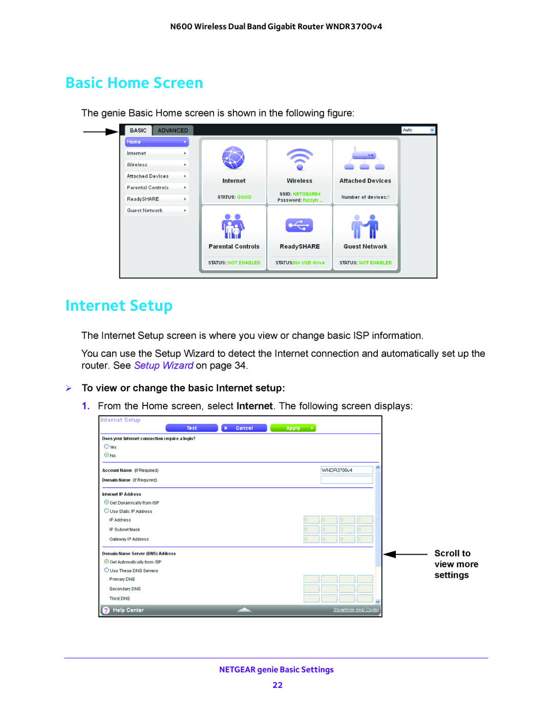 NETGEAR WNDR3700 user manual Basic Home Screen, Internet Setup,  To view or change the basic Internet setup 