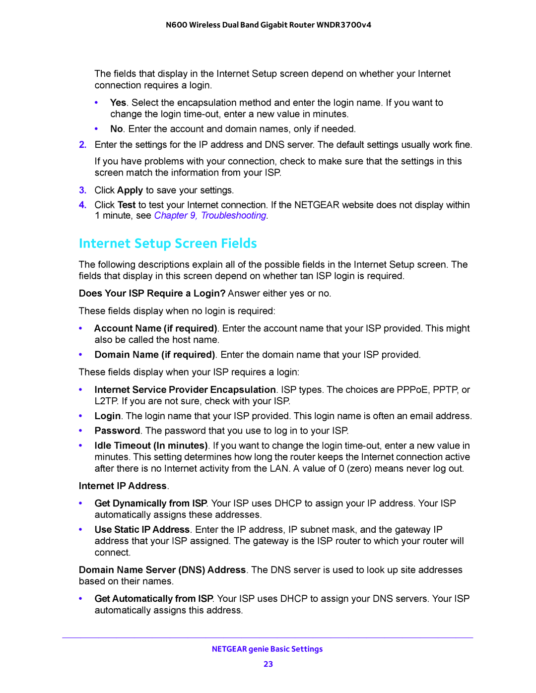 NETGEAR WNDR3700 Internet Setup Screen Fields, Does Your ISP Require a Login? Answer either yes or no, Internet IP Address 