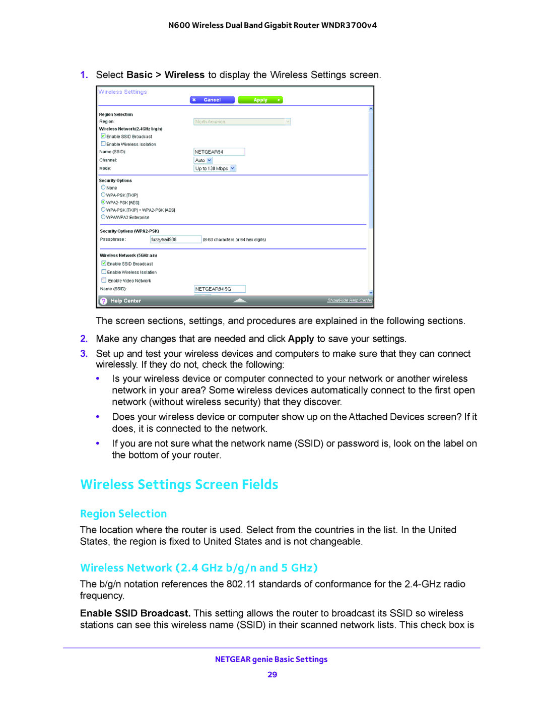 NETGEAR WNDR3700 user manual Wireless Settings Screen Fields, Region Selection, Wireless Network 2.4 GHz b/g/n and 5 GHz 