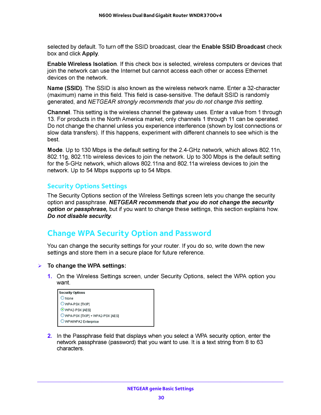 NETGEAR WNDR3700 Change WPA Security Option and Password, Security Options Settings,  To change the WPA settings 