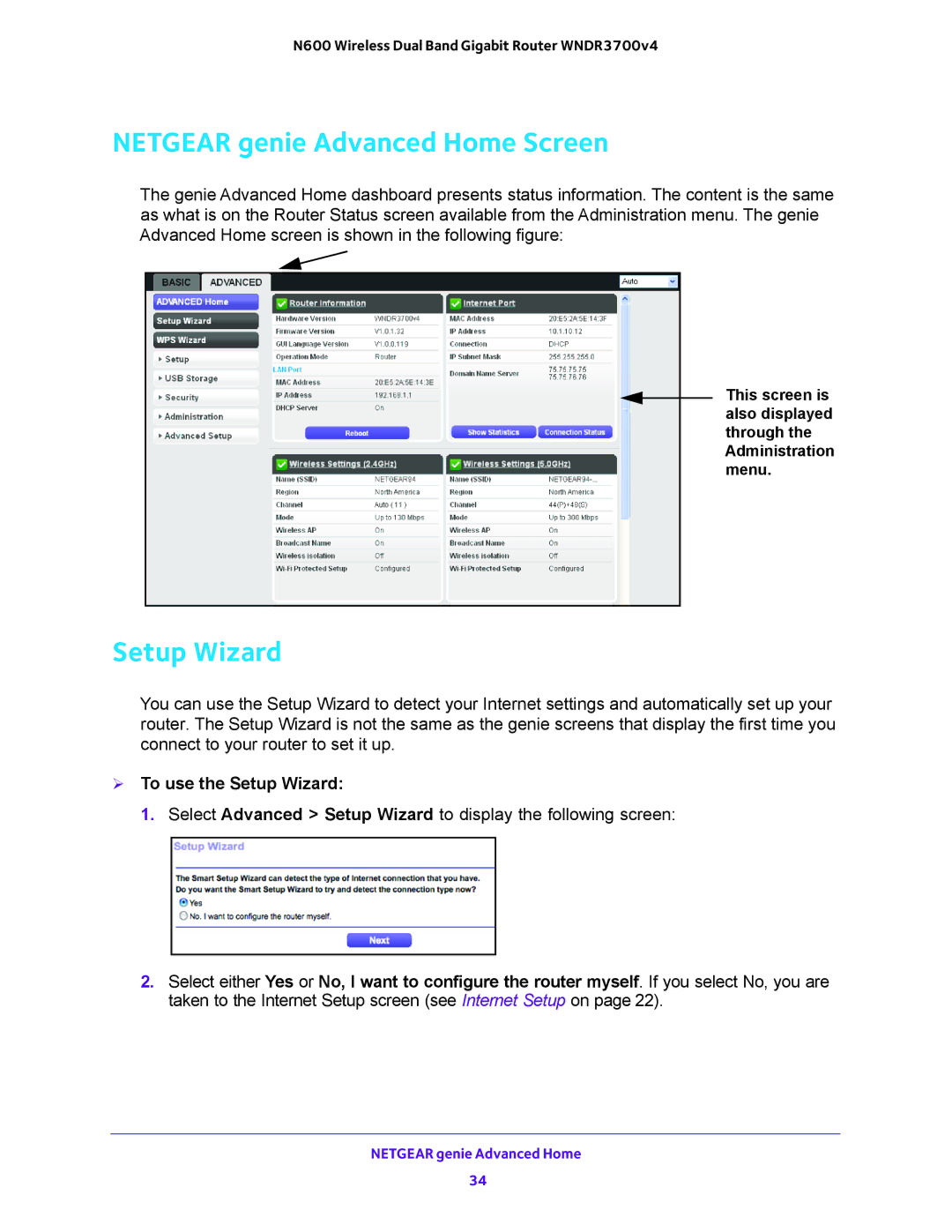 NETGEAR WNDR3700 user manual Netgear genie Advanced Home Screen,  To use the Setup Wizard 