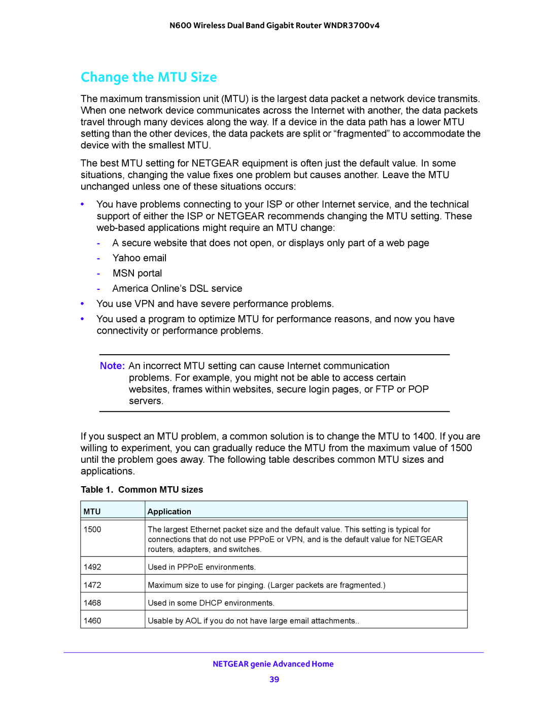 NETGEAR WNDR3700 user manual Change the MTU Size, Common MTU sizes 