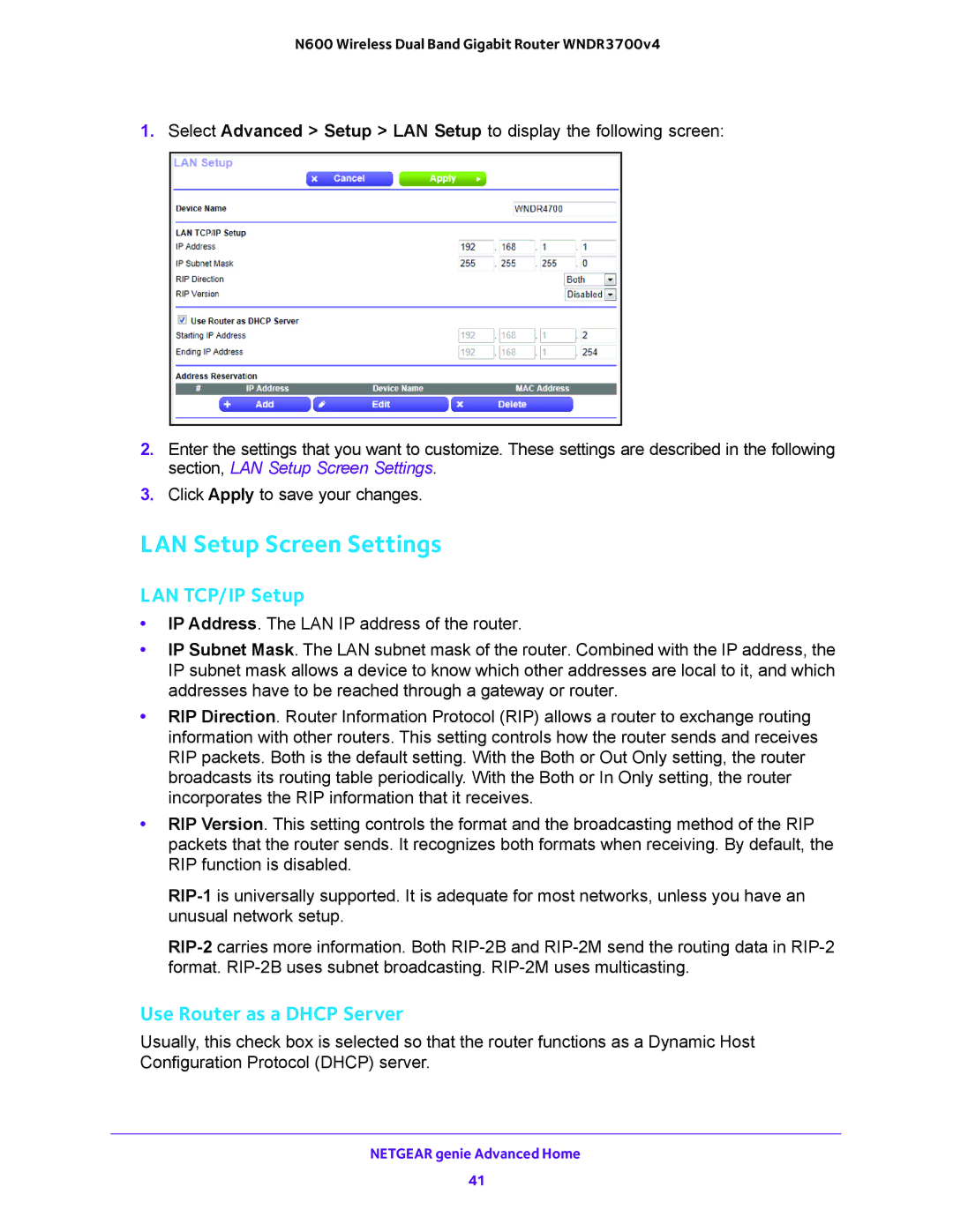 NETGEAR WNDR3700 user manual LAN Setup Screen Settings, LAN TCP/IP Setup, Use Router as a Dhcp Server 