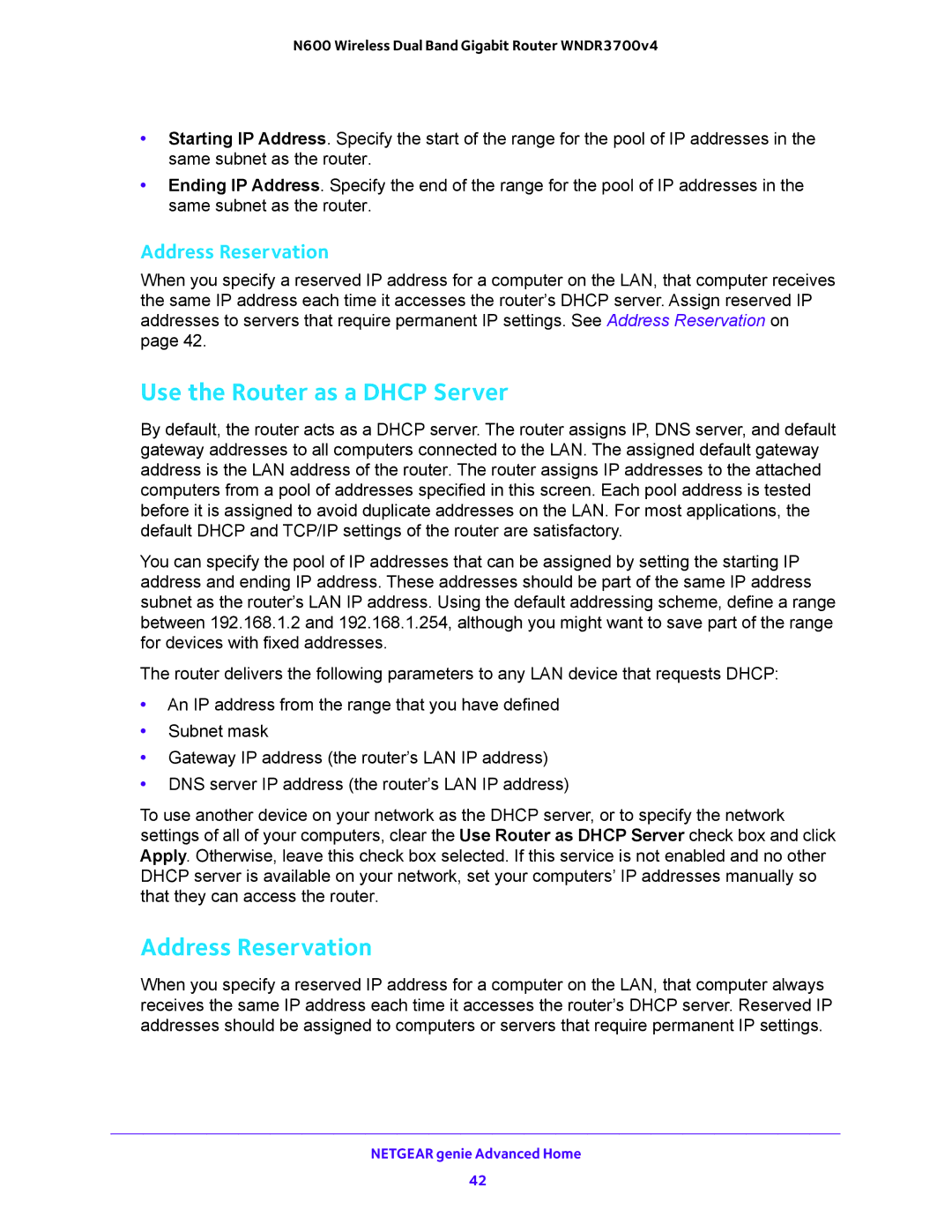 NETGEAR WNDR3700 user manual Use the Router as a Dhcp Server, Address Reservation 