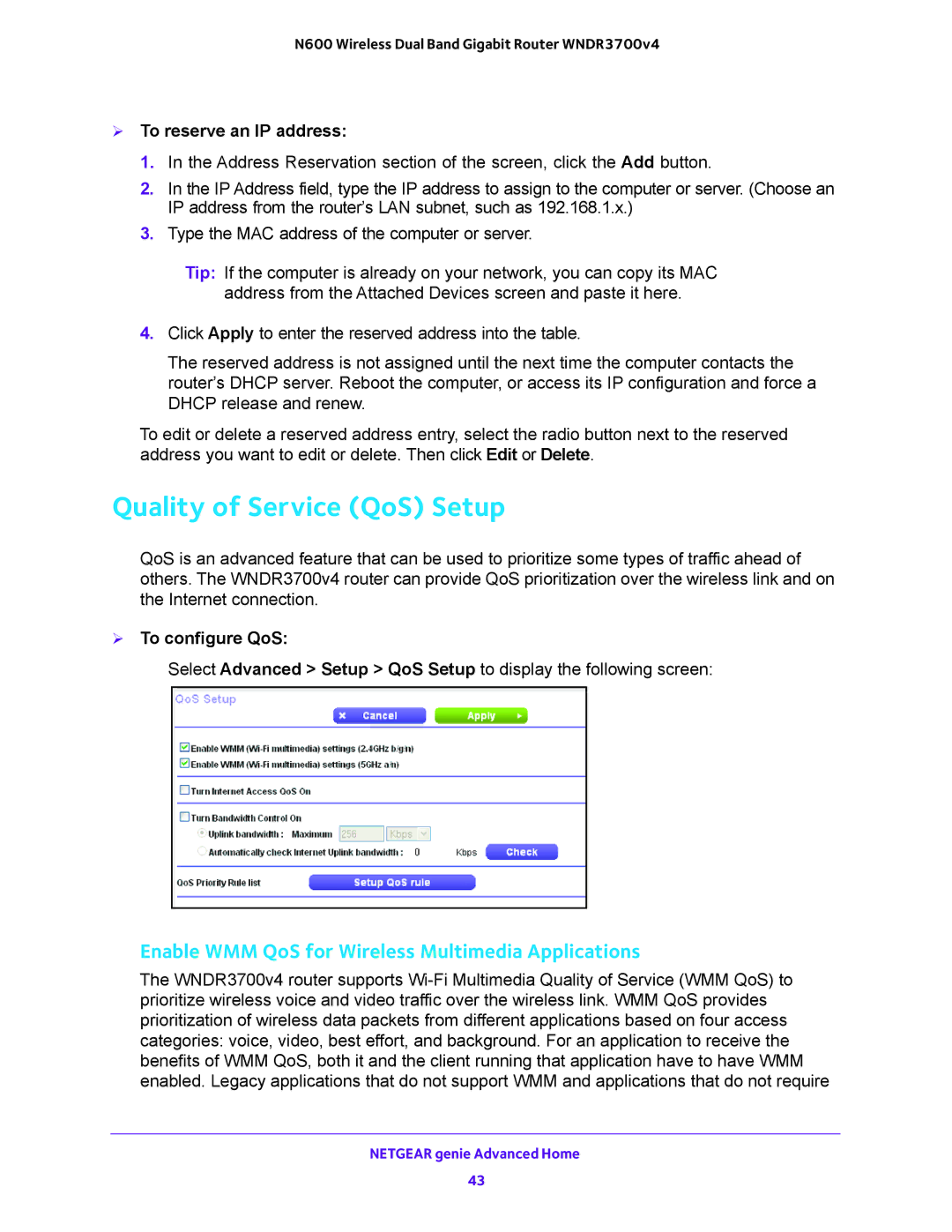 NETGEAR WNDR3700 Quality of Service QoS Setup, Enable WMM QoS for Wireless Multimedia Applications,  To configure QoS 