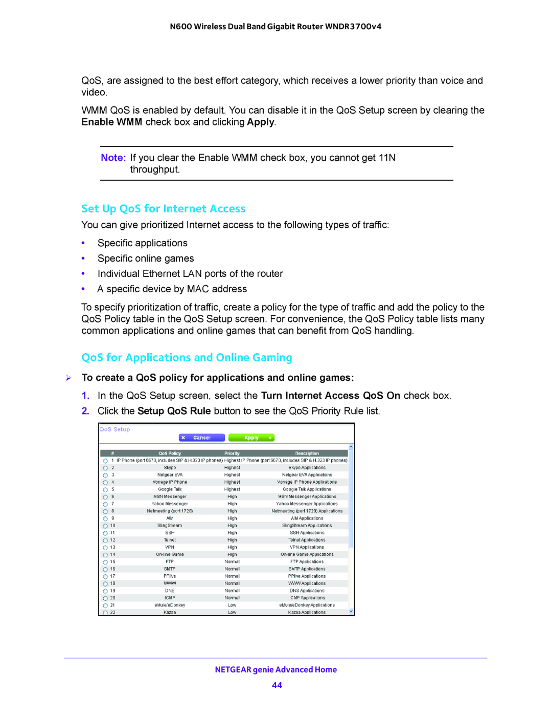 NETGEAR WNDR3700 user manual Set Up QoS for Internet Access, QoS for Applications and Online Gaming 