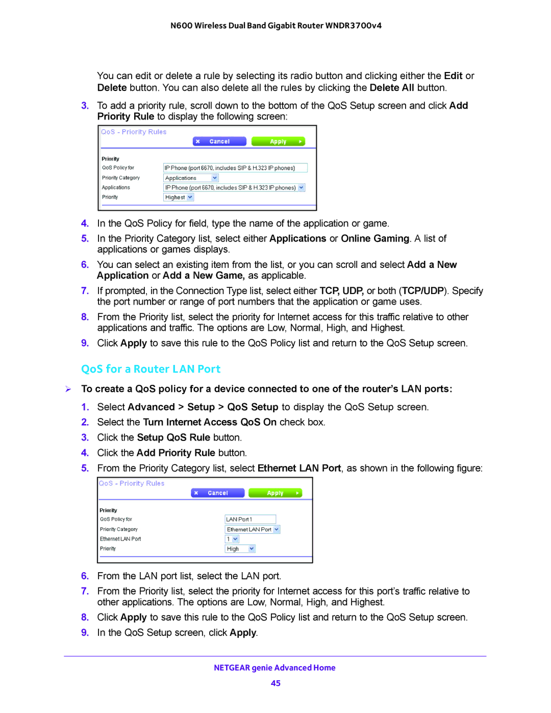 NETGEAR WNDR3700 user manual QoS for a Router LAN Port, Select the Turn Internet Access QoS On check box 