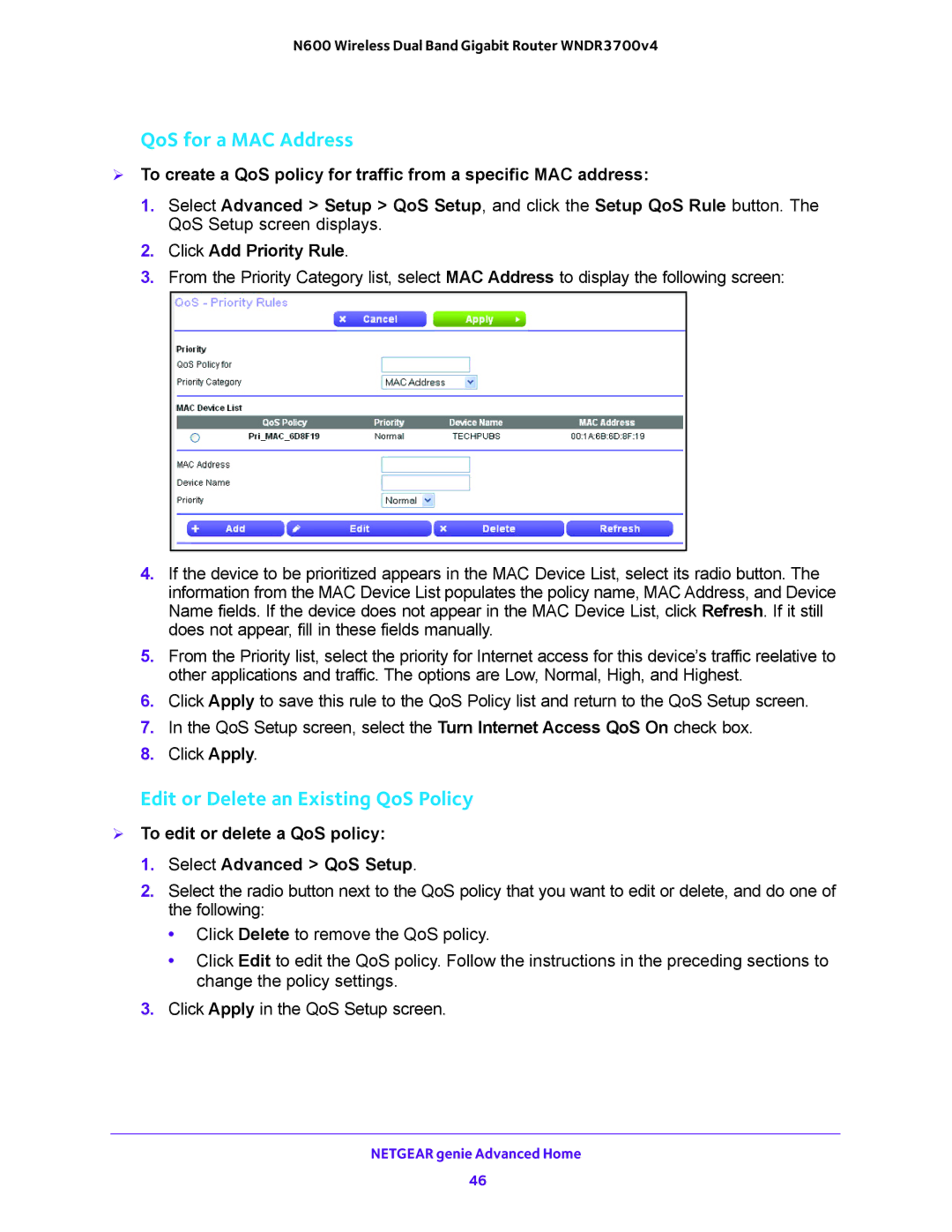 NETGEAR WNDR3700 user manual QoS for a MAC Address, Edit or Delete an Existing QoS Policy, Click Add Priority Rule 