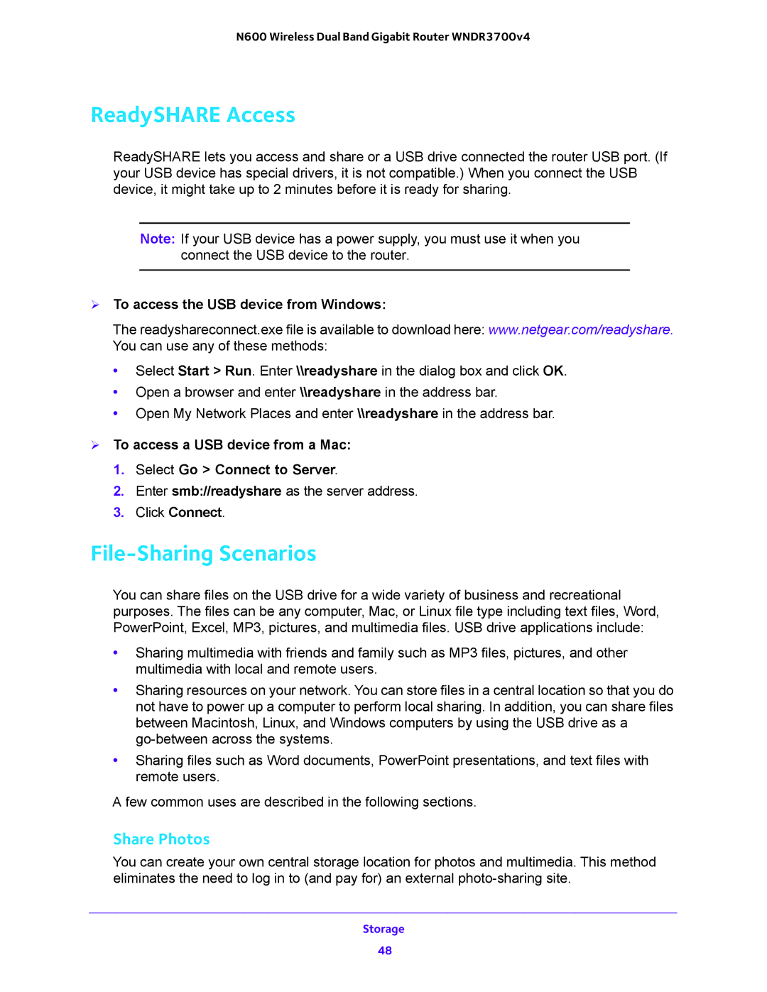 NETGEAR WNDR3700 ReadySHARE Access, File-Sharing Scenarios, Share Photos,  To access the USB device from Windows 