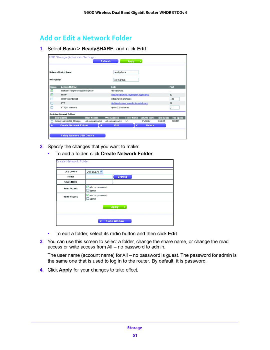 NETGEAR WNDR3700 user manual Add or Edit a Network Folder, Select Basic ReadySHARE, and click Edit 