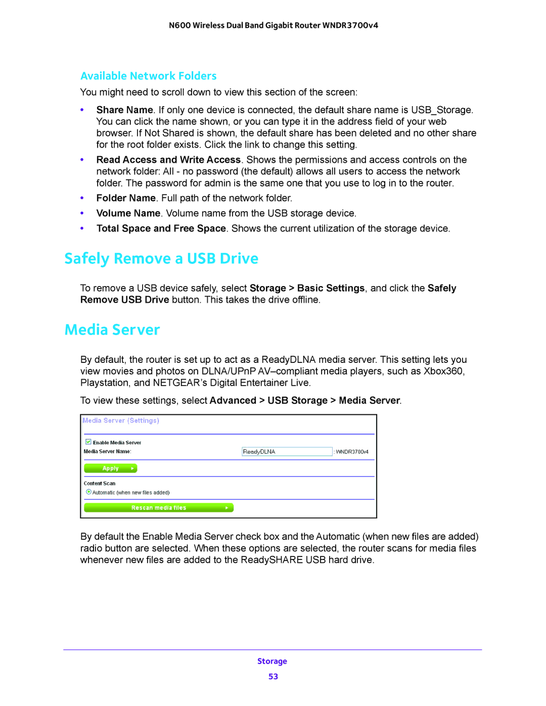 NETGEAR WNDR3700 user manual Safely Remove a USB Drive, Media Server, Available Network Folders 