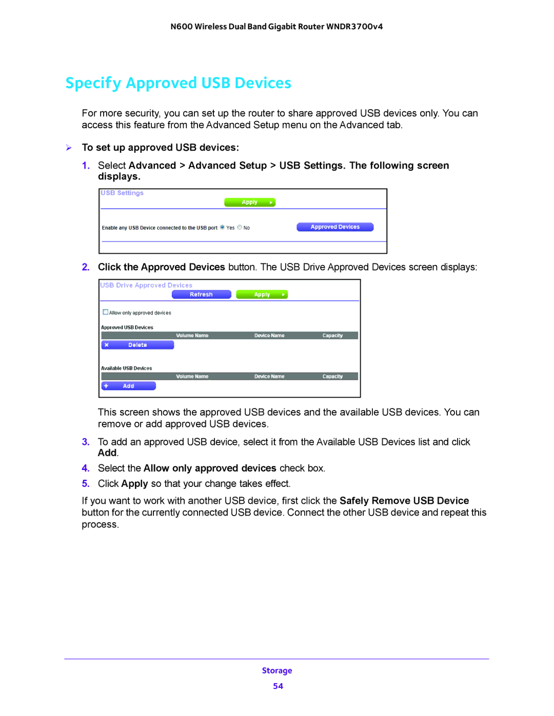 NETGEAR WNDR3700 user manual Specify Approved USB Devices, Select the Allow only approved devices check box 