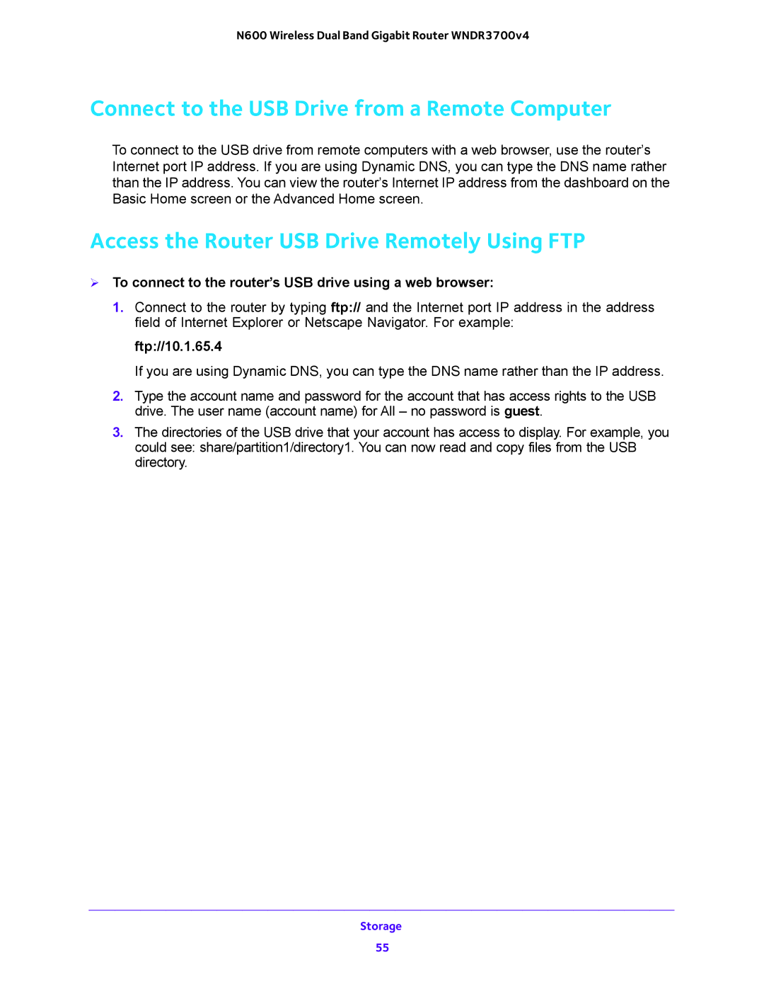 NETGEAR WNDR3700 Connect to the USB Drive from a Remote Computer, Access the Router USB Drive Remotely Using FTP 