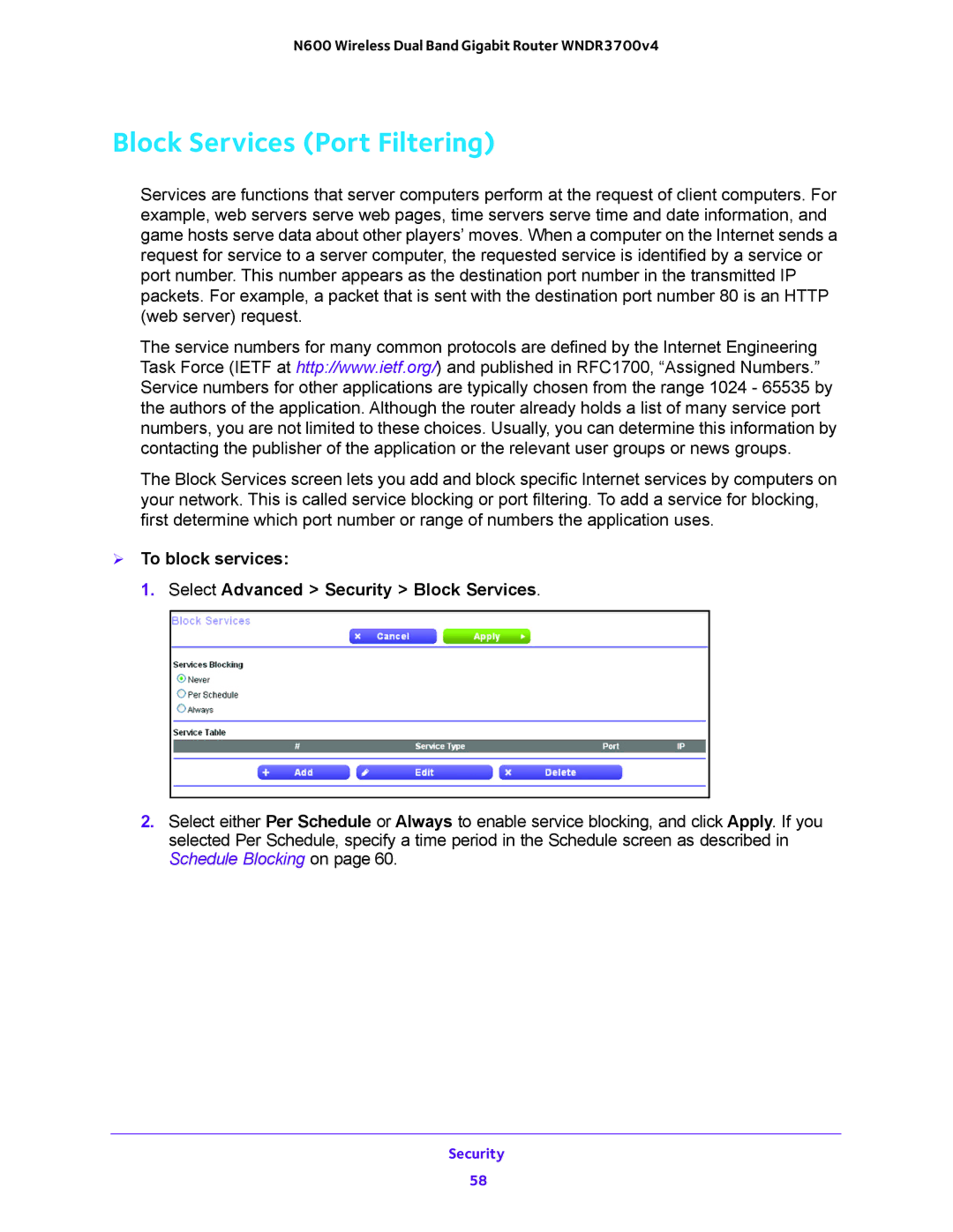 NETGEAR WNDR3700 user manual Block Services Port Filtering,  To block services Select Advanced Security Block Services 