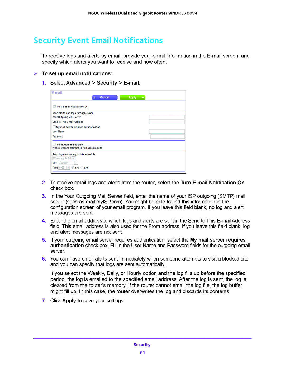 NETGEAR WNDR3700 user manual Security Event Email Notifications 