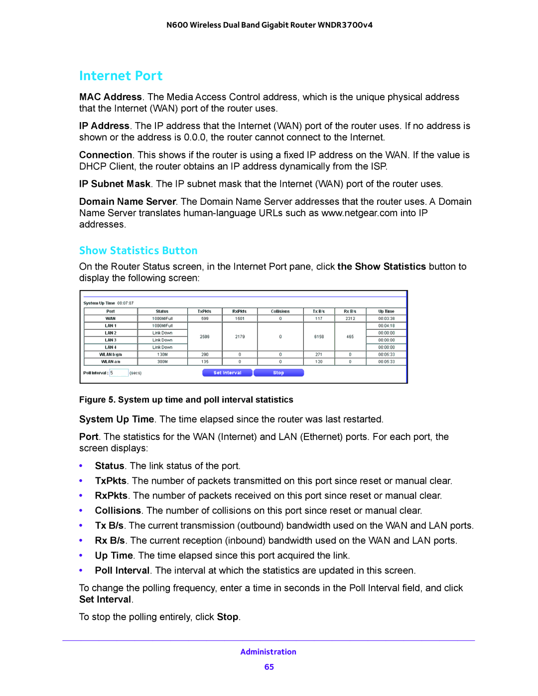 NETGEAR WNDR3700 user manual Internet Port, Show Statistics Button 