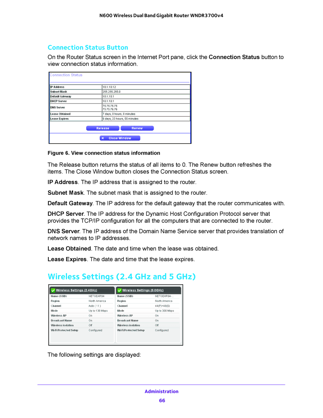 NETGEAR WNDR3700 user manual Wireless Settings 2.4 GHz and 5 GHz, Connection Status Button 