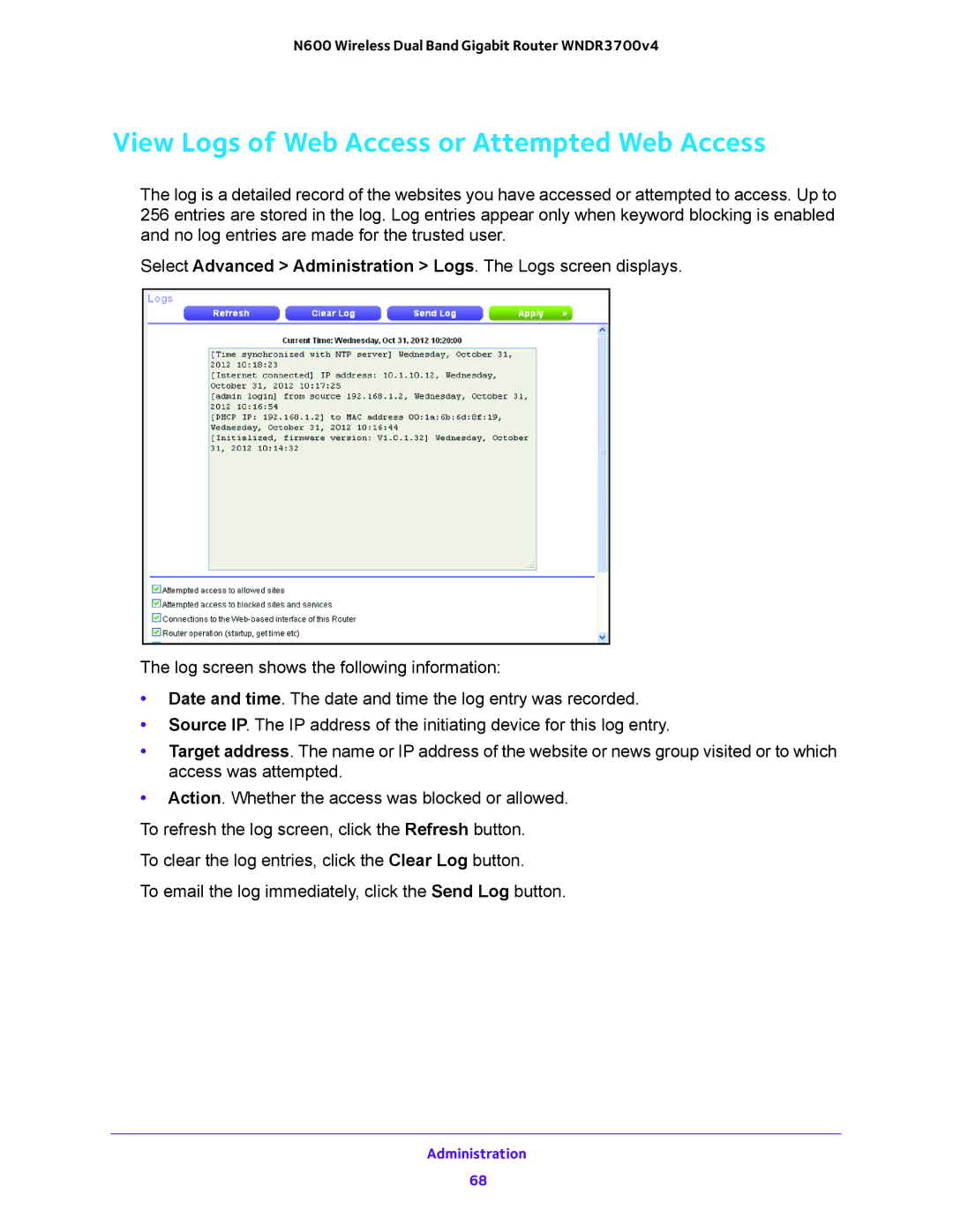 NETGEAR WNDR3700 user manual View Logs of Web Access or Attempted Web Access 