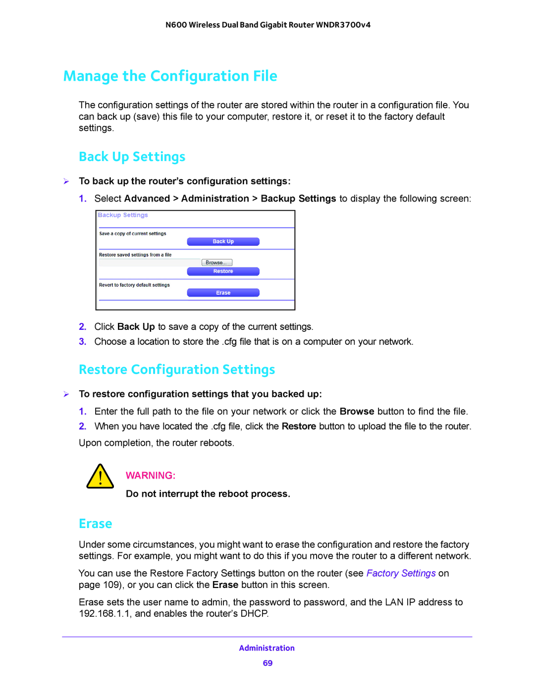 NETGEAR WNDR3700 user manual Manage the Configuration File, Back Up Settings, Restore Configuration Settings, Erase 