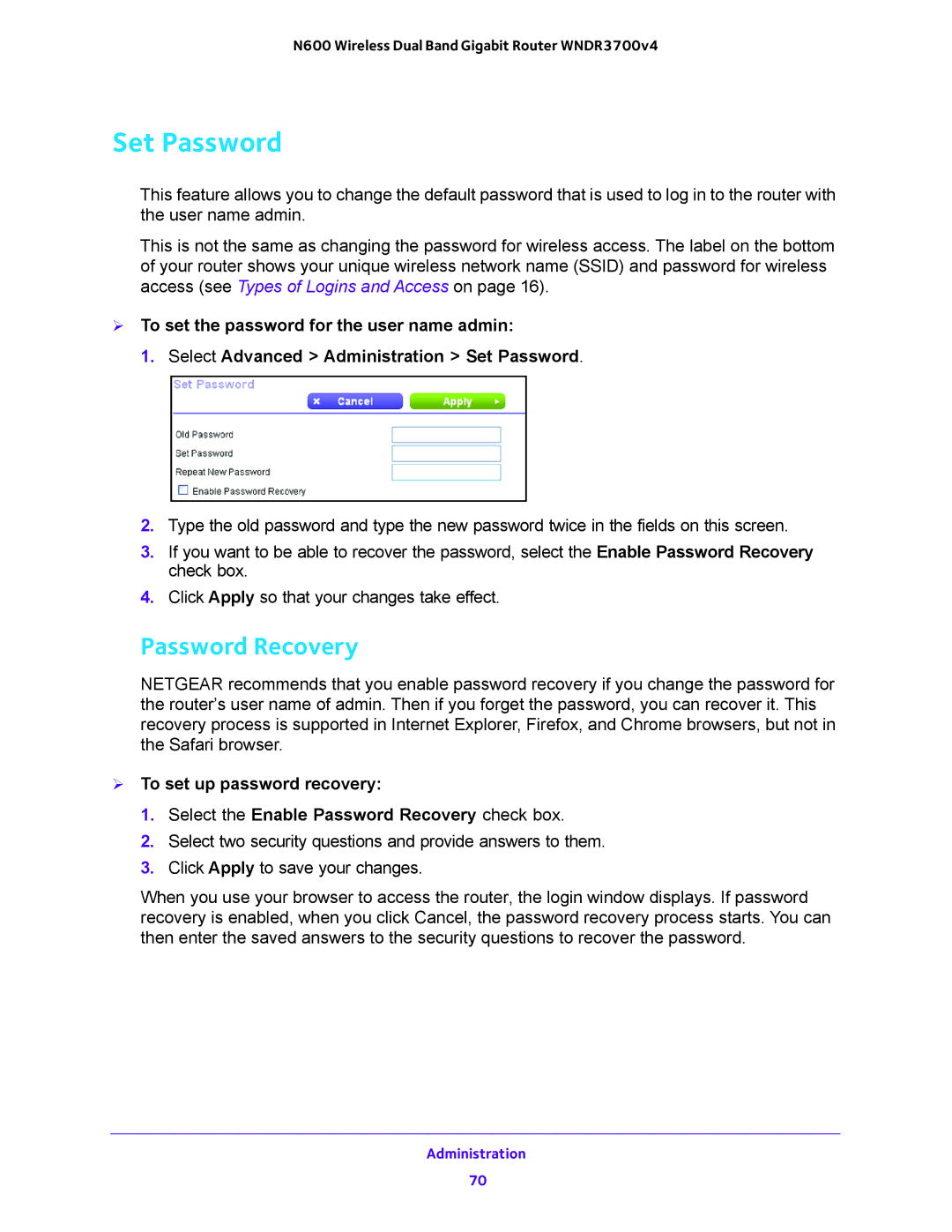 NETGEAR WNDR3700 user manual Set Password, Password Recovery 