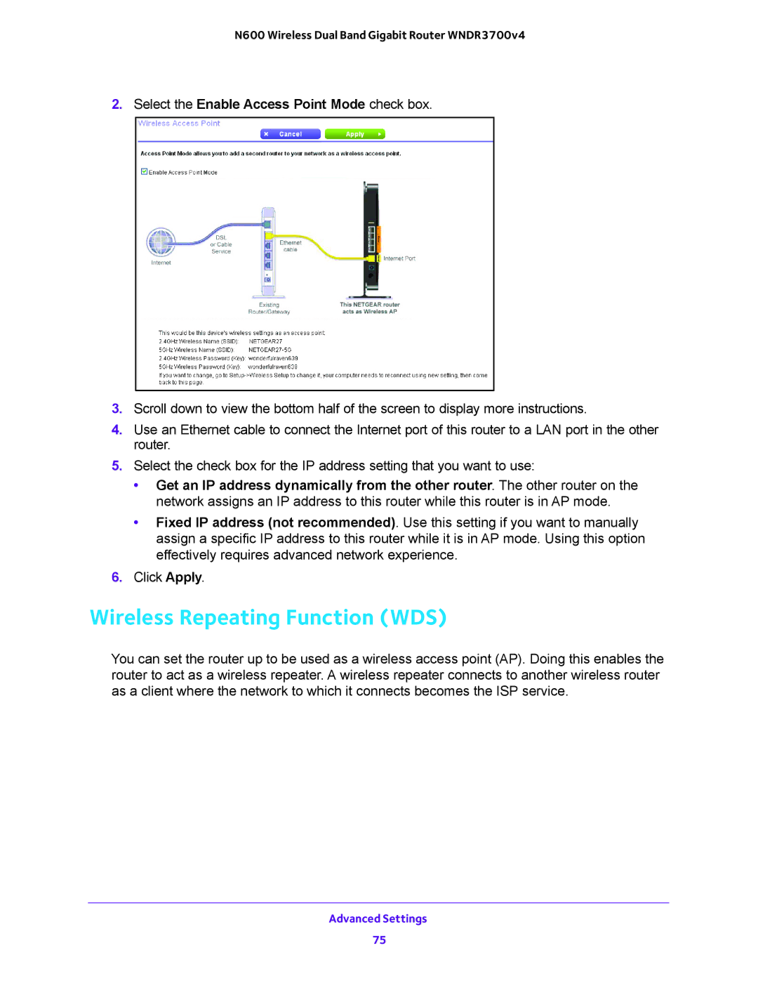 NETGEAR WNDR3700 user manual Wireless Repeating Function WDS, Select the Enable Access Point Mode check box 