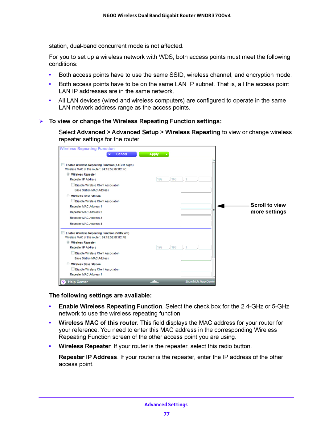 NETGEAR WNDR3700 user manual  To view or change the Wireless Repeating Function settings, Following settings are available 