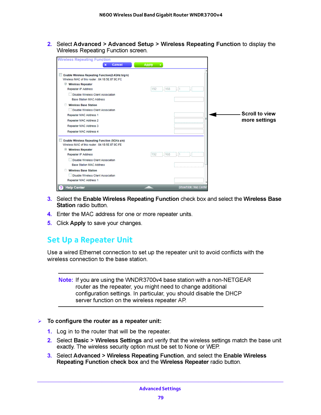 NETGEAR WNDR3700 user manual Set Up a Repeater Unit,  To configure the router as a repeater unit 