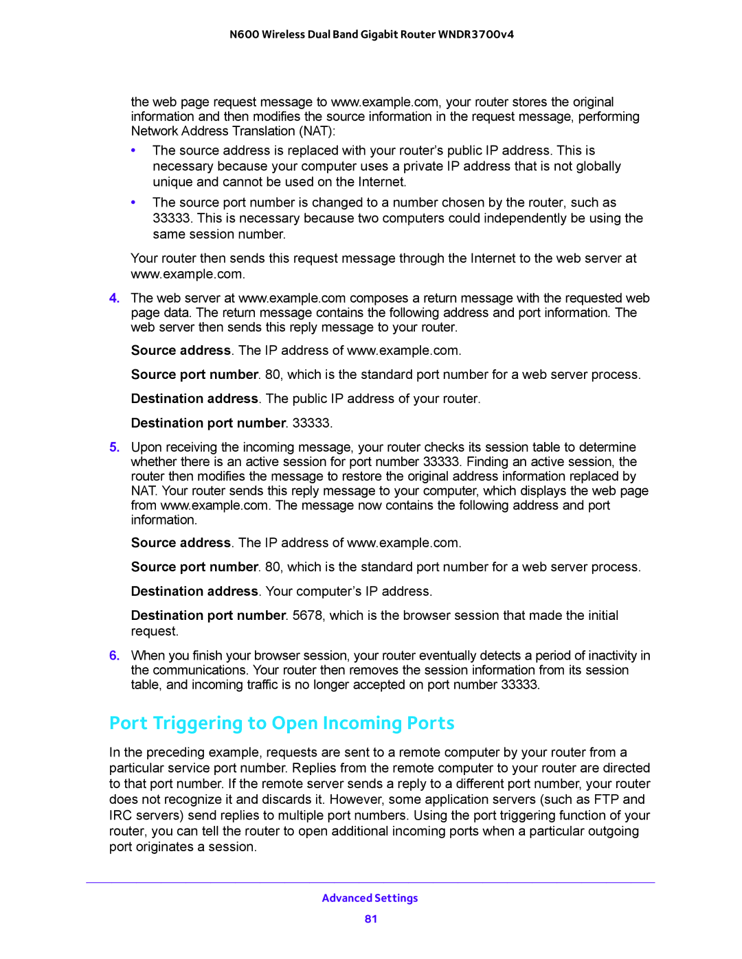 NETGEAR WNDR3700 user manual Port Triggering to Open Incoming Ports, Destination port number 