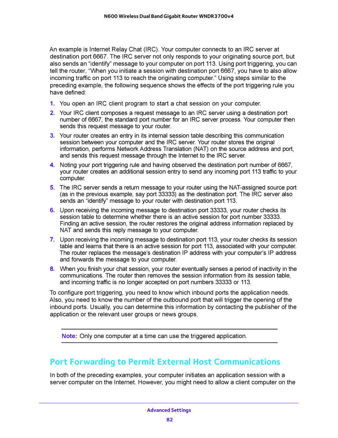 NETGEAR WNDR3700 user manual Port Forwarding to Permit External Host Communications 