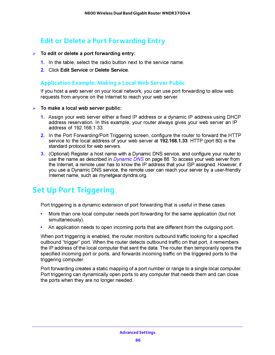 NETGEAR WNDR3700 user manual Set Up Port Triggering, Edit or Delete a Port Forwarding Entry 