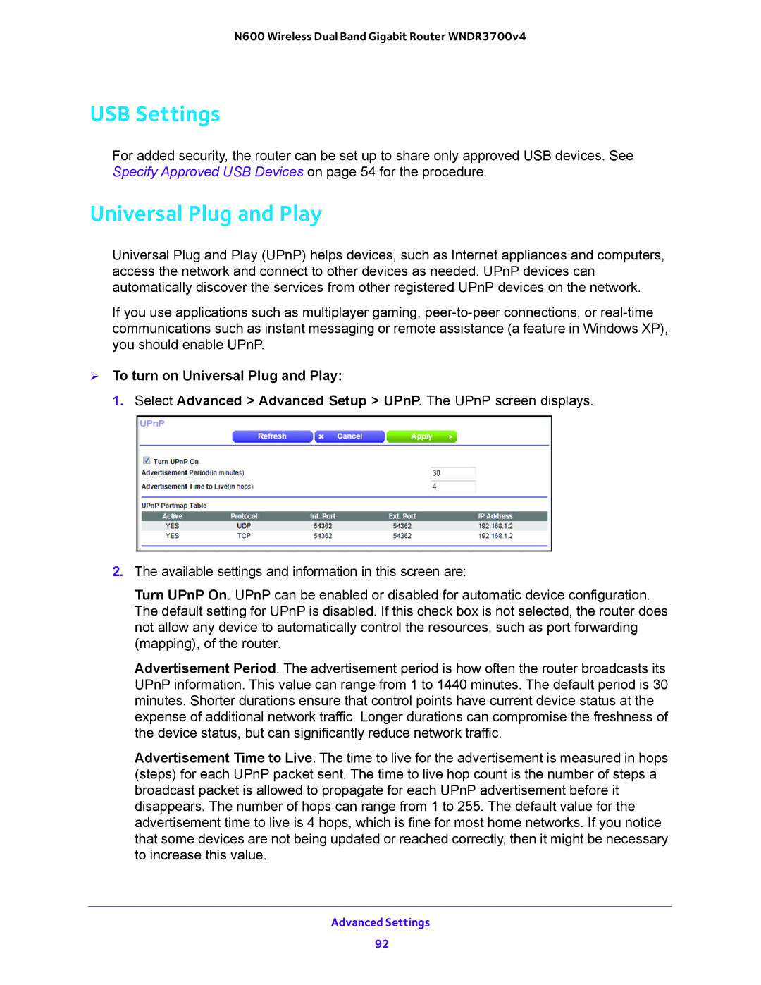 NETGEAR WNDR3700 user manual USB Settings,  To turn on Universal Plug and Play 