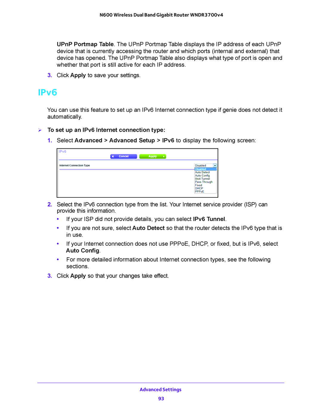 NETGEAR WNDR3700 user manual  To set up an IPv6 Internet connection type 