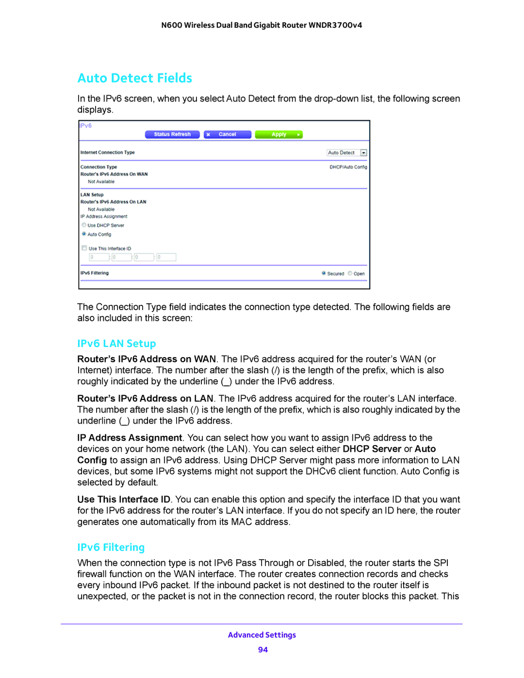 NETGEAR WNDR3700 user manual Auto Detect Fields, IPv6 LAN Setup, IPv6 Filtering 