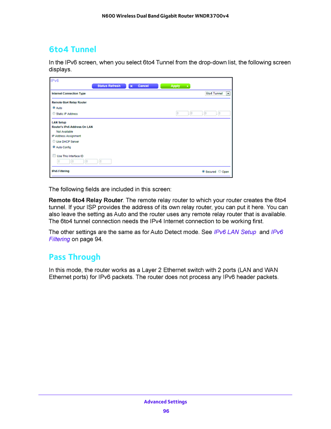 NETGEAR WNDR3700 user manual 6to4 Tunnel, Pass Through 