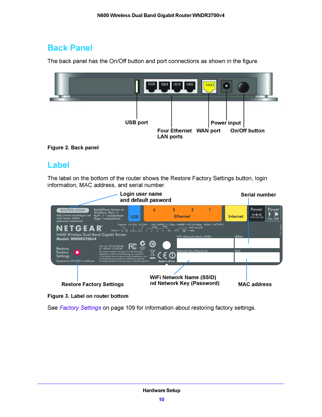 NETGEAR WNDR3700V4 user manual Back Panel, Label 