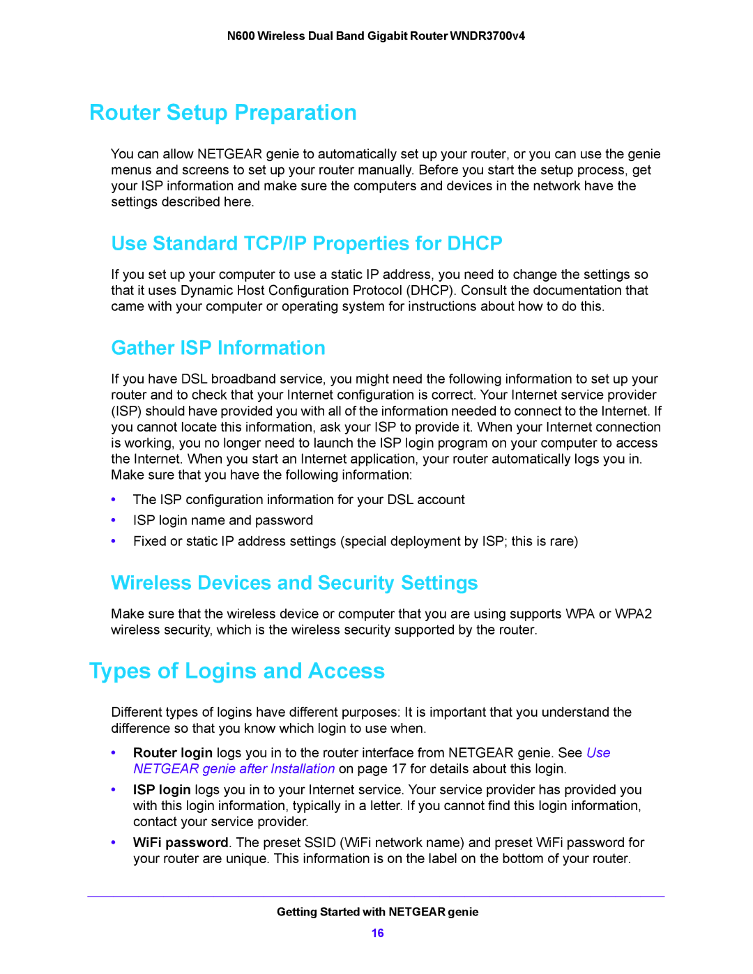 NETGEAR WNDR3700V4 Router Setup Preparation, Types of Logins and Access, Use Standard TCP/IP Properties for Dhcp 