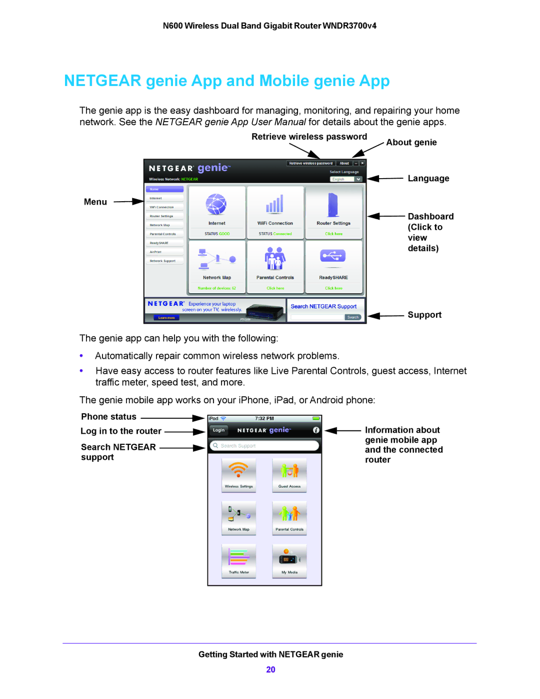 NETGEAR WNDR3700V4 user manual Netgear genie App and Mobile genie App 