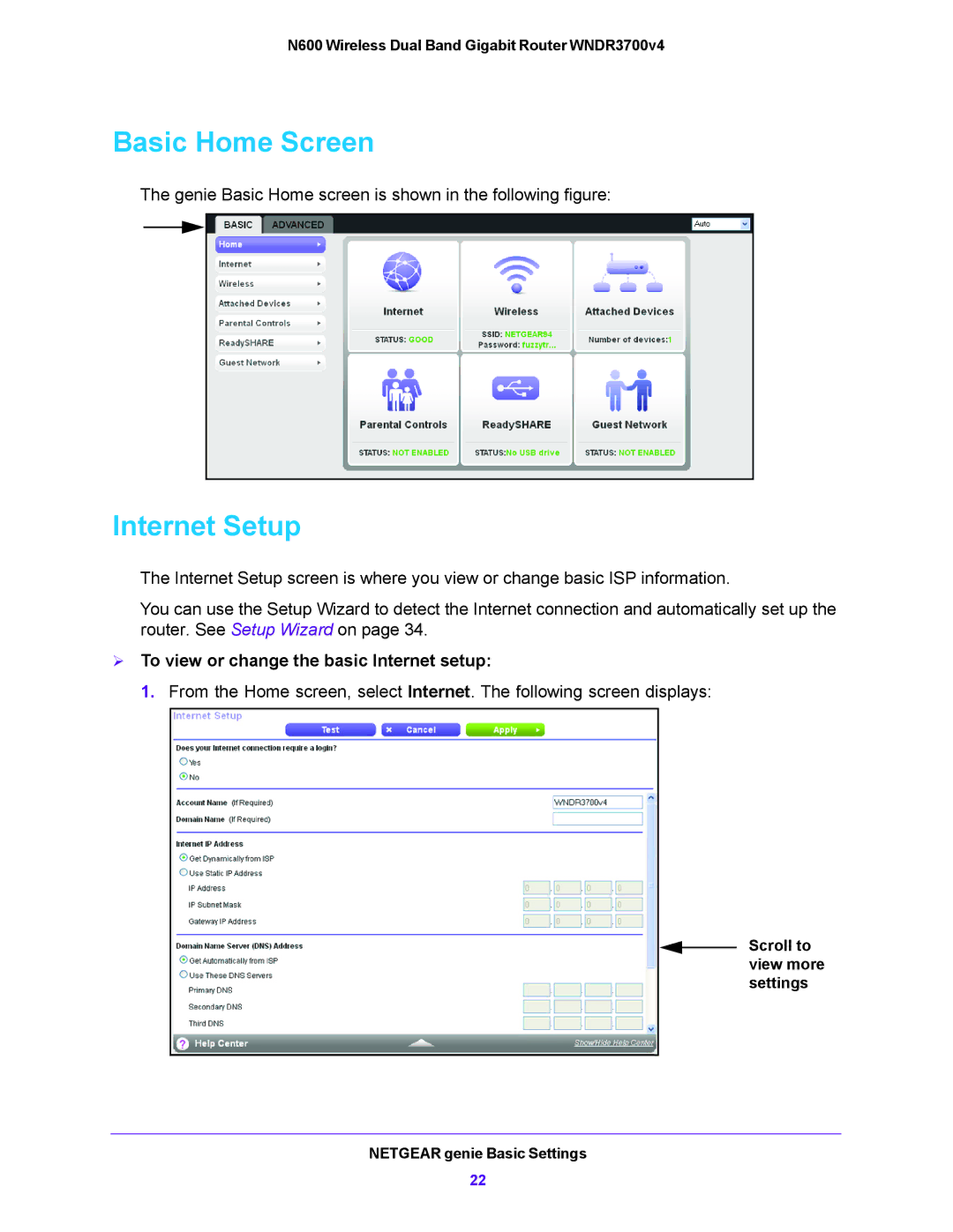 NETGEAR WNDR3700V4 user manual Basic Home Screen, Internet Setup,  To view or change the basic Internet setup 