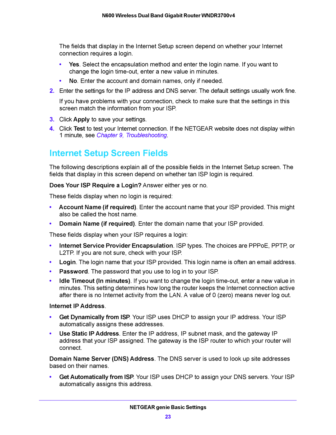 NETGEAR WNDR3700V4 user manual Internet Setup Screen Fields, Does Your ISP Require a Login? Answer either yes or no 